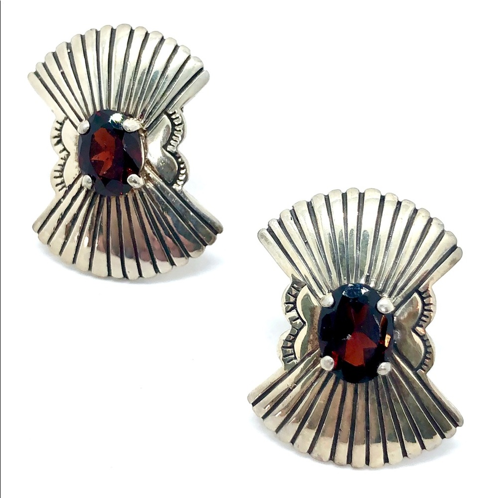 Tribal Sterling Silver & Garnet Earrings Vintage
